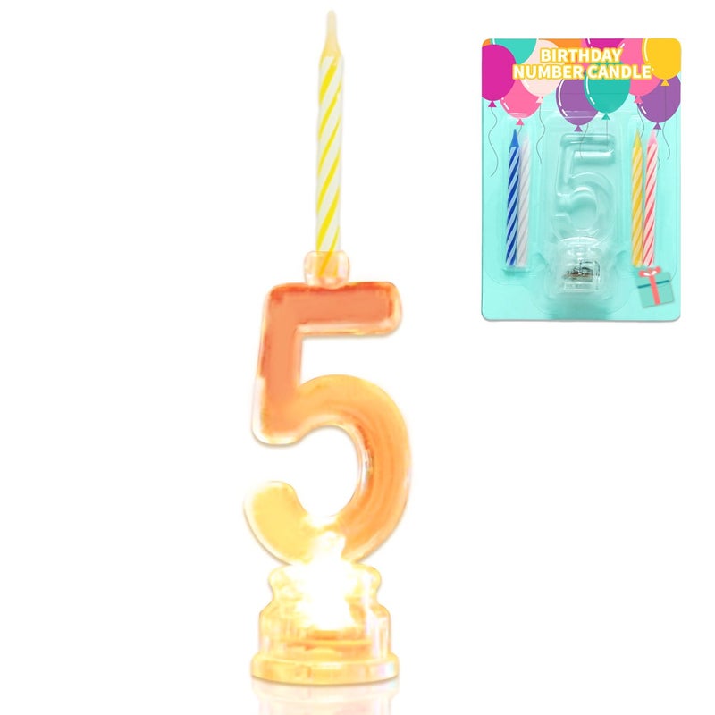 Novelty Place Birthday Number Candle Set, Flashing Multicolor Changing LED Birthday Cake Topper with 4 Wax Candles (Number 5) - Image 1